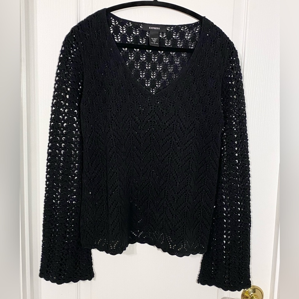 90s Express Bell Sleeve Open Knit Lace Scalloped Edge Sweater VTG Black Sz Large
